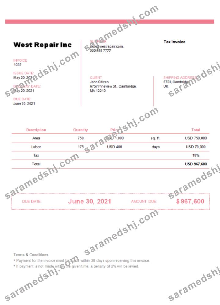 United Kingdom West Repair Inc invoice